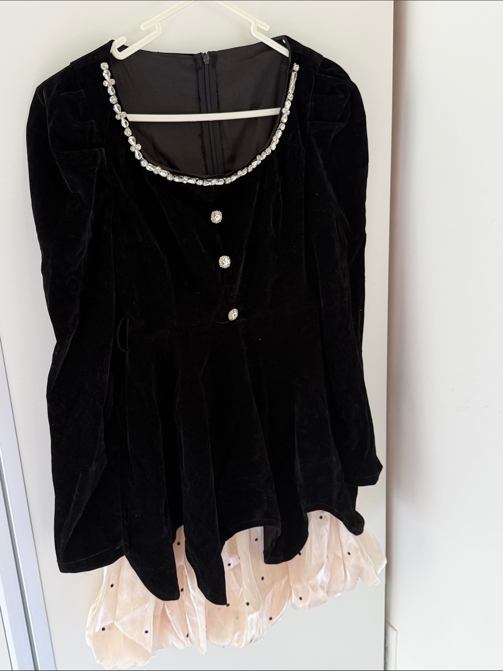 Black Velvet Jewel-Trim Long Sleeve Peplum dress with Cream Hem